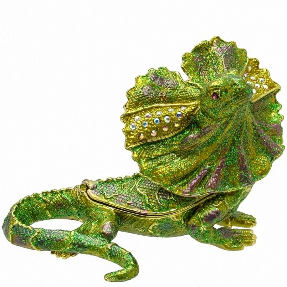 RUCINNI Frill Lizard SWAROVSKI Jeweled Trinket Box. Antiqued. Hand Painted.